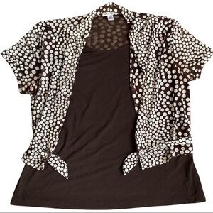 Jaipur size large layered top with belt, brown and white polka dots